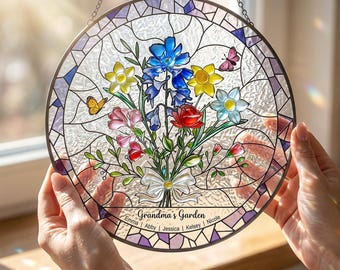 Personalized Stained Glass Birth Flower Bouquet Window Hanging – Family Birth Month Flowers Gift, Grandma’s Garden, Mother's Day Gift