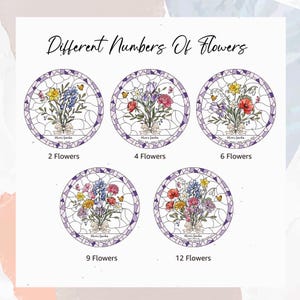 Puede incluir: Dise&ntilde;os circulares estilo vidriera con ramos de flores, cada uno con un n&uacute;mero diferente de flores. Los dise&ntilde;os est&aacute;n etiquetados con el n&uacute;mero de flores, que var&iacute;a de 2 a 12. El texto "Different Numbers Of Flowers" est&aacute; en la parte superior.