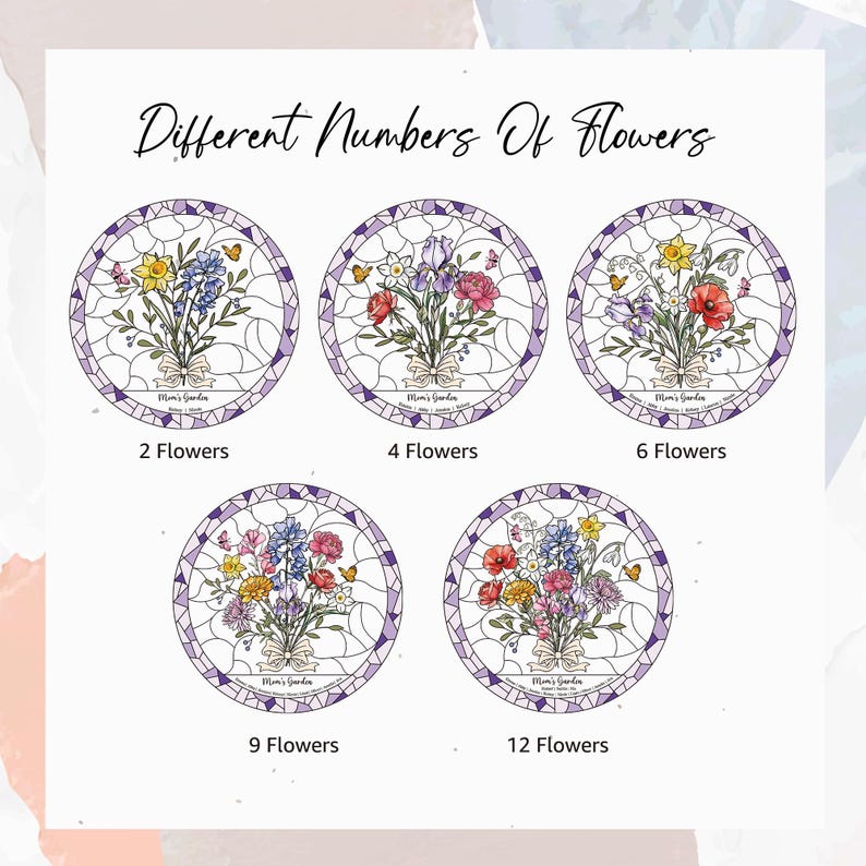 Puede incluir: Dise&ntilde;os circulares estilo vidriera con ramos de flores, cada uno con un n&uacute;mero diferente de flores. Los dise&ntilde;os est&aacute;n etiquetados con el n&uacute;mero de flores, que var&iacute;a de 2 a 12. El texto "Different Numbers Of Flowers" est&aacute; en la parte superior.