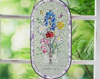 Atrapasueños de vidrieras con forma de flor de nacimiento personalizada y detalles en relieve 3D, ramo familiar para colgar en la ventana, regalo del Día de la Madre para mamá o abuela.