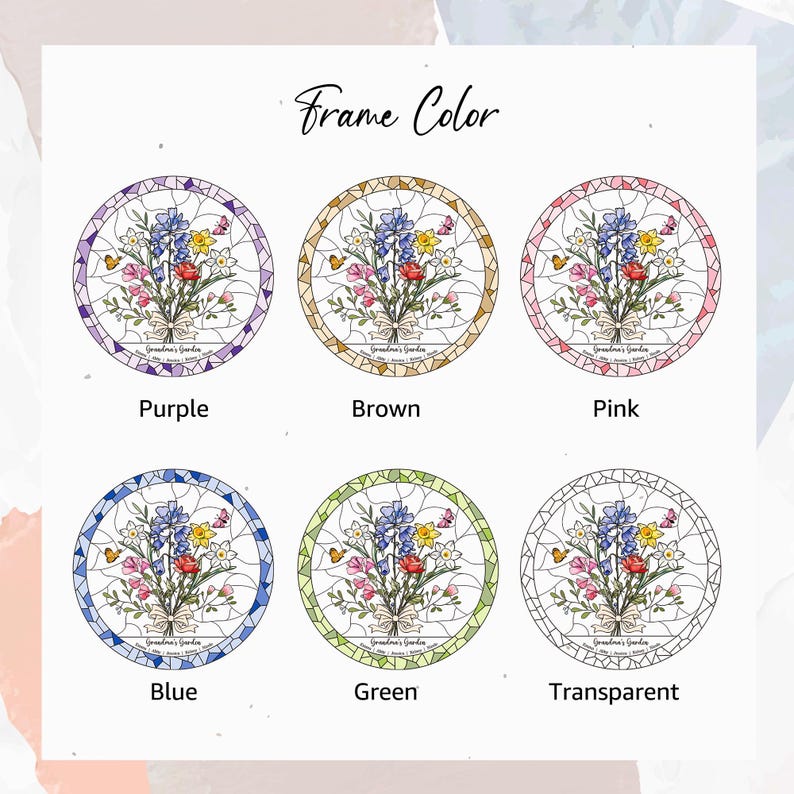Puede incluir: Una colecci&oacute;n de dise&ntilde;os redondos de vidrieras con ramos de flores y mariposas. Cada dise&ntilde;o tiene un color de marco diferente: morado, marr&oacute;n, rosa, azul, verde y transparente. El texto "Frame Color" est&aacute; en la parte superior.