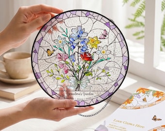 Bouquet de fleurs de naissance personnalisé suspendu à la fenêtre avec option de boîte-cadeau, cadeau de fleur de famille en vitrail pour maman ou grand-mère