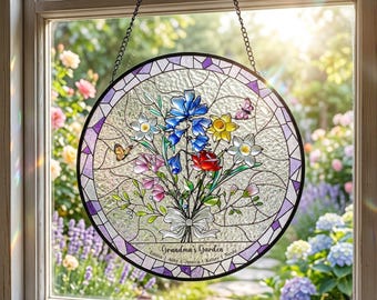 Personalized Birth Flower Stained Glass Suncatcher with 3D Raised Detail, Family Bouquet Window Hanging, Mothers Day Gift for Mom or Grandma