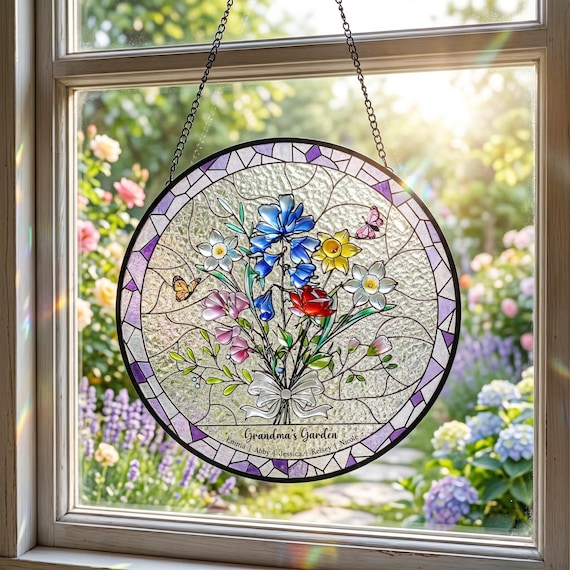 Personalized Birth Flower Stained Glass Suncatcher with 3D Raised Detail, Family Bouquet Window Hanging, Mothers Day Gift for Mom or Grandma