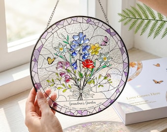 Ramo de flores de vidrieras personalizado para colgar en la ventana, regalo del Día de la Madre para mamá, flores personalizadas para el mes de nacimiento de la familia.