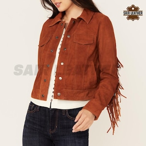 Giacca in pelle con frange vintage da donna, giacca western in pelle scamosciata marrone, giacca in pelle scamosciata con frange da donna, elegante cappotto con frange per lei