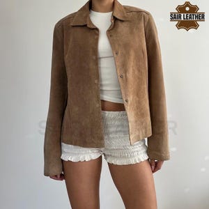 Veste en cuir marron d'inspiration vintage pour femme, surdimensionné, vêtements d'extérieur décontractés pour l'automne, style rétro des années 90, manteau en daim véritable doux, soldes de Pâques
