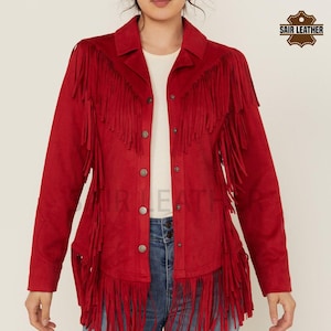 Giacca in pelle con frange vintage da donna, giacca western in pelle scamosciata rossa, giacca in pelle scamosciata con frange da donna, elegante cappotto con frange per lei