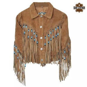 Giacca in pelle con frange vintage da donna, giacca western in pelle scamosciata marrone, giacca in pelle scamosciata con frange da donna, elegante cappotto con frange per lei