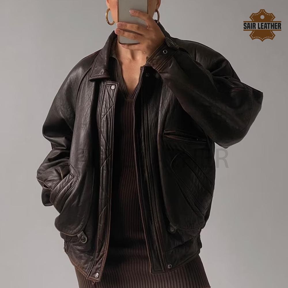 ジャケット・アウター vintage blmain real leather bomber jacke Women's Handmade Oversized Real Leather Vintage Brown Bomber