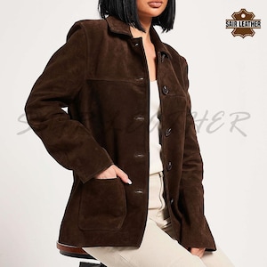 Vintage-Inspired Brown Suede Leather Jacket for Women Oversized Casual Fall Outerwear, suede leather coat, Brown Suede jacket for women