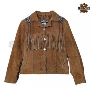 Giacca in pelle con frange vintage da donna, giacca western in pelle scamosciata marrone, giacca in pelle scamosciata con frange da donna, elegante cappotto con frange per lei