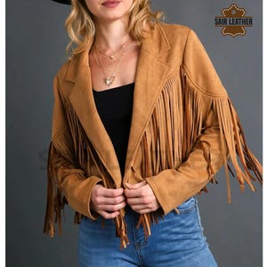 Giacca in pelle con frange vintage da donna, giacca western in pelle scamosciata marrone, giacca in pelle scamosciata con frange da donna, elegante cappotto con frange per lei