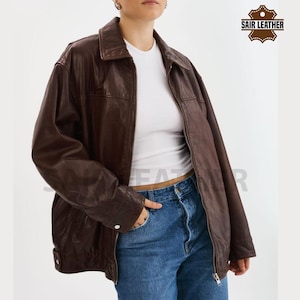 Women's Oversize Vintage Brown Leather Jacket, Lambskin
