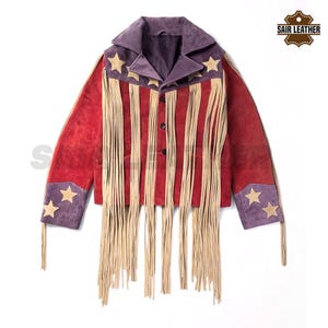Veste en cuir vintage à franges pour femme, veste western en daim rouge, veste en cuir en daim à franges pour femme, manteau à franges élégant pour elle