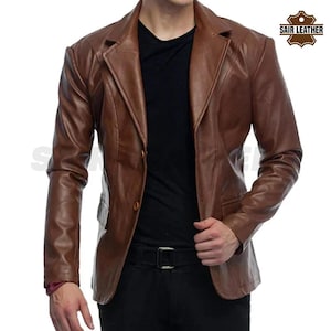Männer echte weiche Lammfell Leder Blazer Jacke Zwei Knopf Party Mantel Premium Leder Blazer Jacke Mantel für den Alltag in Braun, Geschenk