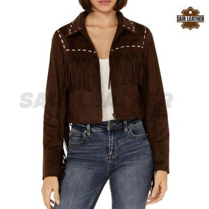 Giacca in pelle con frange vintage da donna, giacca western in pelle scamosciata marrone, giacca in pelle scamosciata con frange da donna, elegante cappotto con frange per lei