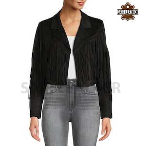 Giacca in pelle con frange vintage da donna, giacca western in pelle scamosciata nera, giacca in pelle scamosciata con frange da donna, elegante cappotto con frange per lei