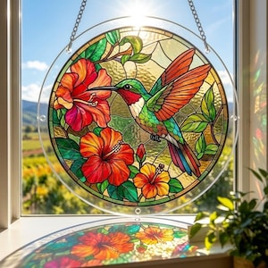 May include: A round stained glass window featuring a hummingbird and hibiscus flowers. The hummingbird has green, red, and orange feathers. The flowers are red, orange, and yellow. The window is hanging from a chain.