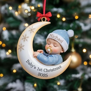 Personalized Baby's First Christmas Ornament, Custom Baby Moon Acrylic Ornament, Sleeping Baby Boy Ornament, Baby Shower Gift