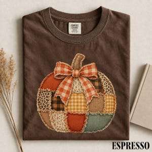 May include: A dark brown t-shirt featuring a central pumpkin graphic composed of various fabric patches in orange, yellow, brown, and green patterns, topped with a frayed orange and white gingham bow. The inner neck label reads Comfort Colors.