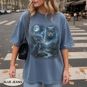 Pode incluir: Uma t-shirt de manga curta em azul poeirento com uma estampa gr&aacute;fica do rosto de um gato grande no c&eacute;u noturno acima de um gato menor sentado em uma rocha perto de um riacho de montanha e uma lua cheia.