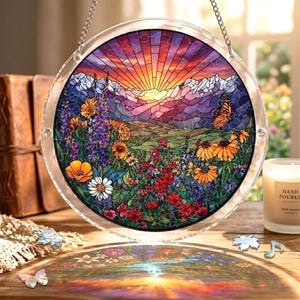 May include: A round stained glass window featuring a colorful landscape with a sunset, mountains, and wildflowers. A butterfly is visible. The window is hanging from a chain. A candle and other decorative items are in the background.