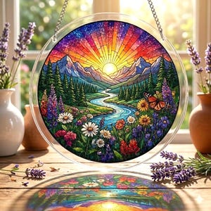 May include: A round, stained-glass window with a vibrant landscape scene. The design features a sunset over mountains, a river, and colorful flowers. A butterfly rests on the flowers. The window is suspended by a silver chain.
