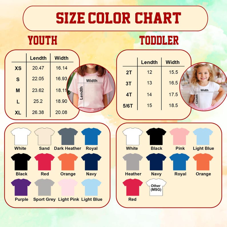 May include: A size and color chart for youth and toddler t-shirts. The chart displays measurements in inches for various sizes, along with a color palette including white, black, red, and blue options. The text "SIZE COLOR CHART" is at the top.