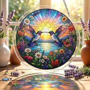 Peut inclure: Un capteur de soleil rond en verre transparent avec un motif de vitrail coloré. Deux colibris se font face, entourés de fleurs, d'un lac et d'un coucher de soleil. Le capteur de soleil est suspendu à une chaîne argentée.