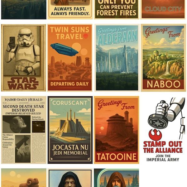 Pegatinas de póster de viaje inspiradas en Star Wars / Juego de 15 calcomanías impermeables / Cuaderno para botella de agua y portátil