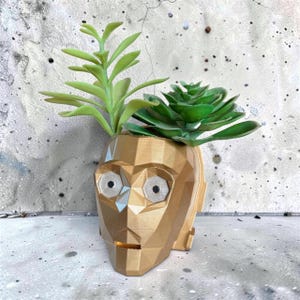 May include: A gold-colored, geometric, 3D-printed planter shaped like a robotic head with two circular eyes and a rectangular mouth. Two artificial green succulent plants are placed inside the top of the head, extending upwards and outwards.