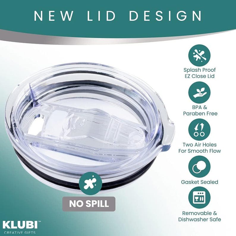 May include: Clear plastic tumbler lid with a black rim and a sliding closure. The lid features the text "NEW LID DESIGN" and "NO SPILL". Additional icons indicate features such as splash-proof, BPA-free, and dishwasher safe.