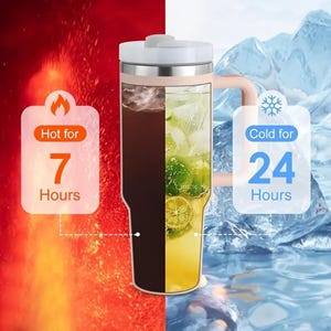 May include: A stainless steel insulated tumbler with a white lid and a light pink handle. The tumbler is shown with a split view of hot and cold beverages. Text indicates it keeps drinks hot for 7 hours and cold for 24 hours.