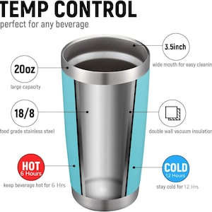 May include: A stainless steel tumbler with a light blue exterior. The tumbler has a 20oz capacity, a 3.5-inch wide mouth, and double-wall vacuum insulation. It keeps beverages hot for 6 hours and cold for 12 hours. The text "TEMP CONTROL" is at the top.