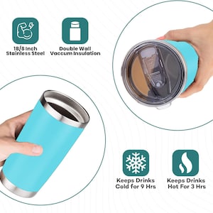 May include: A light blue stainless steel tumbler with a silver rim and a clear lid. The tumbler is double-walled and vacuum insulated. It keeps drinks cold for 9 hours and hot for 3 hours. The tumbler is 18/8 inch stainless steel.