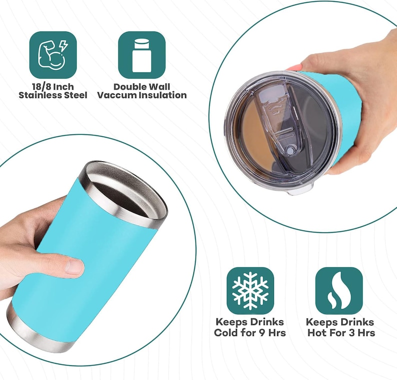 May include: A light blue stainless steel tumbler with a silver rim and a clear lid. The tumbler is double-walled and vacuum insulated. It keeps drinks cold for 9 hours and hot for 3 hours. The tumbler is 18/8 inch stainless steel.