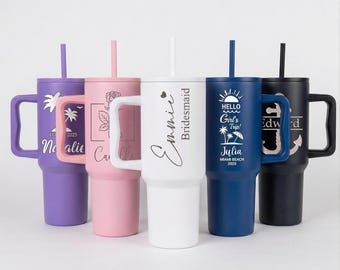Personalized 40oz Engraved Tumbler, Custom Text Tumbler, Custom Logo Tumbler, Tumbler with Handle & Straw, Bridesmaid Proposal, Gift for Mom