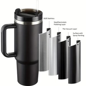 May include: Black insulated travel mug with a handle, lid, and straw. The mug is made of 18/8 stainless steel and features a vacuum layer and spray painting. The image also shows the layers of the mug, including the steel electrolytic polishing layer.