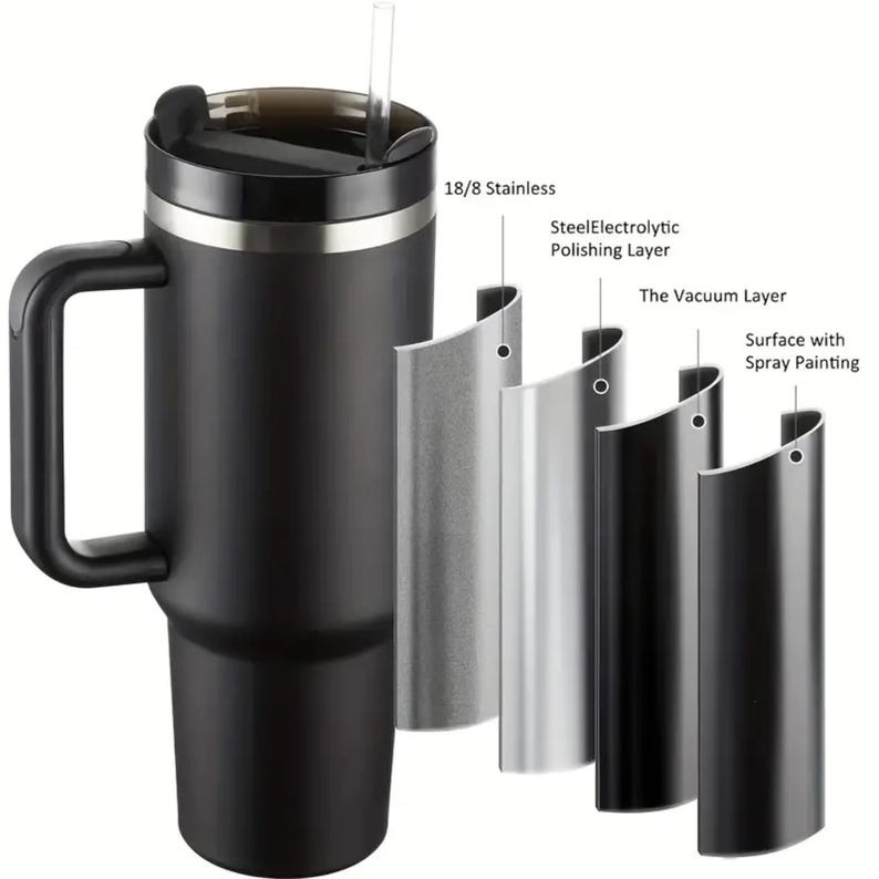 May include: Black insulated travel mug with a handle, lid, and straw. The mug is made of 18/8 stainless steel and features a vacuum layer and spray painting. The image also shows the layers of the mug, including the steel electrolytic polishing layer.