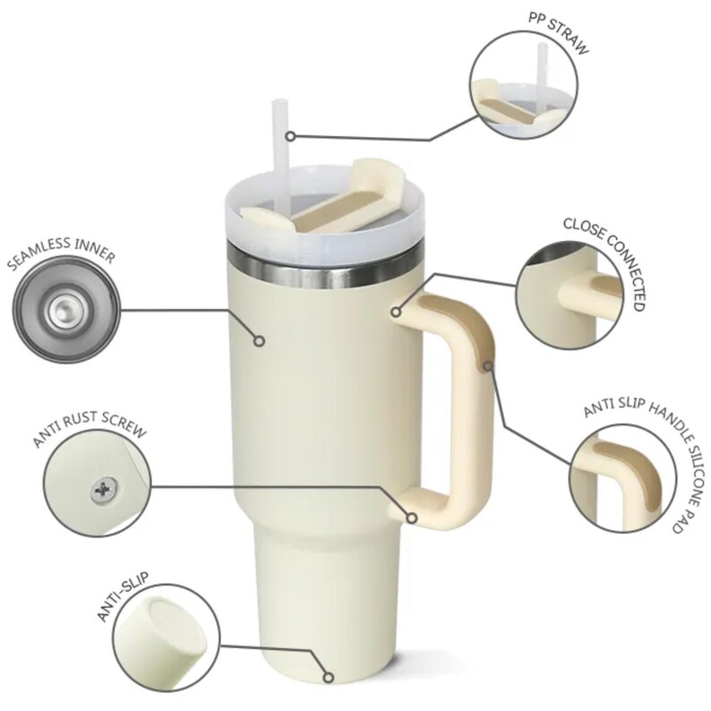 May include: Cream-colored insulated tumbler with a handle and a lid. Features include a PP straw, anti-slip base, and an anti-rust screw. The handle has a silicone pad for grip. The tumbler is designed for cold beverages.