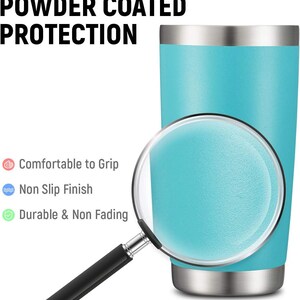 May include: A teal powder-coated tumbler with a stainless steel rim and base. The image highlights the tumbler's features: comfortable grip, non-slip finish, and durability. Text reads "POWDER COATED PROTECTION".