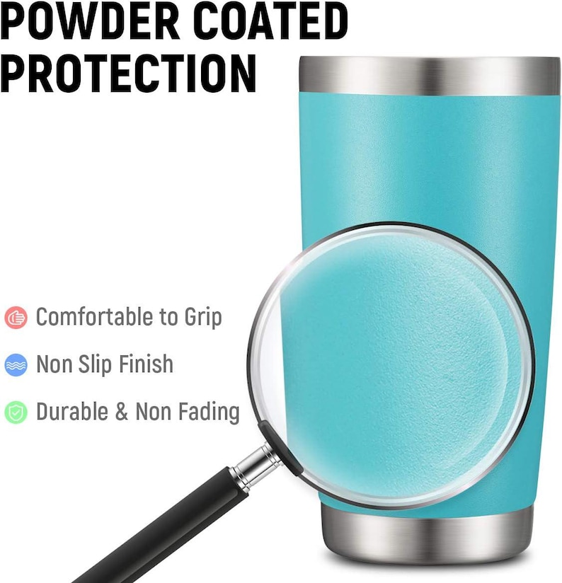 May include: A teal powder-coated tumbler with a stainless steel rim and base. The image highlights the tumbler's features: comfortable grip, non-slip finish, and durability. Text reads "POWDER COATED PROTECTION".