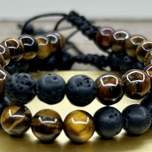Unisex Adjustable Tiger Eye and Lava Beaded Bracelet Set