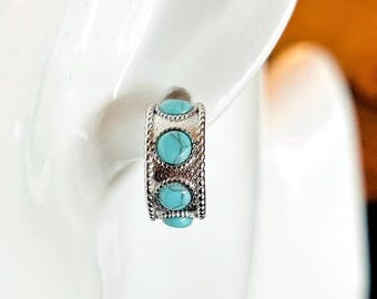 Turquoise Dot Huggie Hoop Earrings, Gold Plated, Boho Jewelry