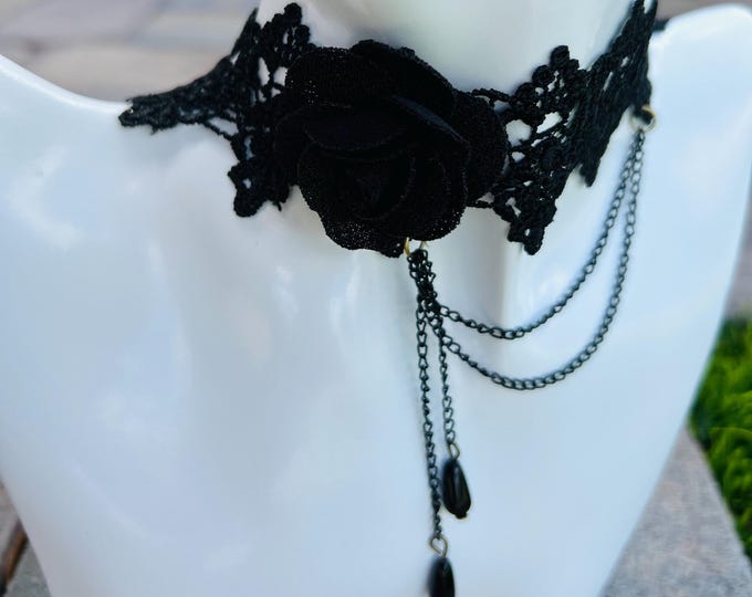 Gothic Black Lace Choker With Rose & Chains – Elegant, Bold, Victorian ...