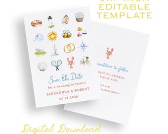 New England Illustrated Save the Date Template, 5x7 Editable Template, Stationery Invitations for Cape Cod Wedding New England, Watercolor