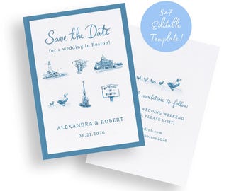 Boston Wedding Save the Date Template: Favorites Watercolor Design (5x7 Editable, Digital Download)