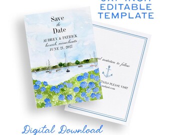 Sailboats and Hydrangeas Save the Date Template, 5x7 Editable Template, Stationery Invitations for Cape Cod Wedding New England, Watercolor