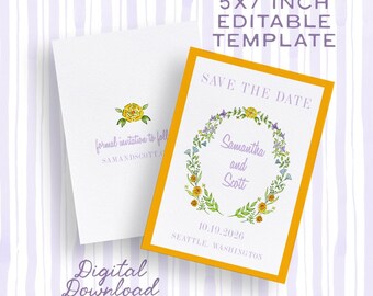 Marigold Save the Date Template, 5x7 Editable Template, Stationery Invitations for Indian Wedding, Floral Watercolor